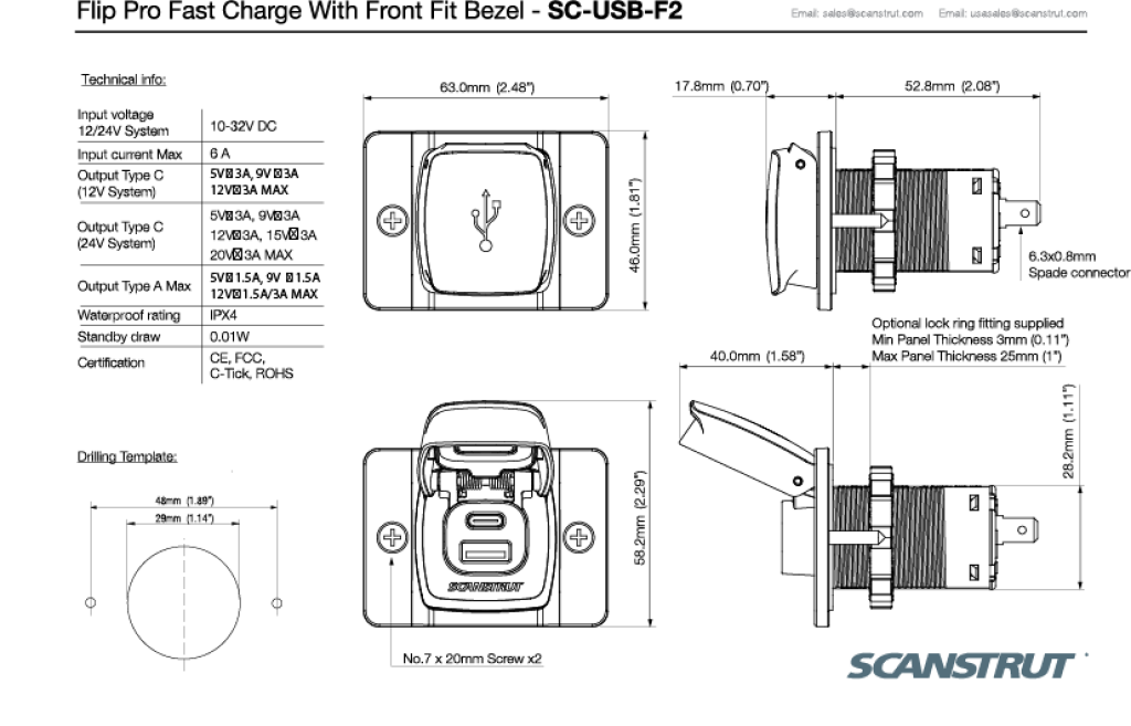 Priza incarcare pe barca ScanStrut Flip Pro Ultra-fast 12/24V